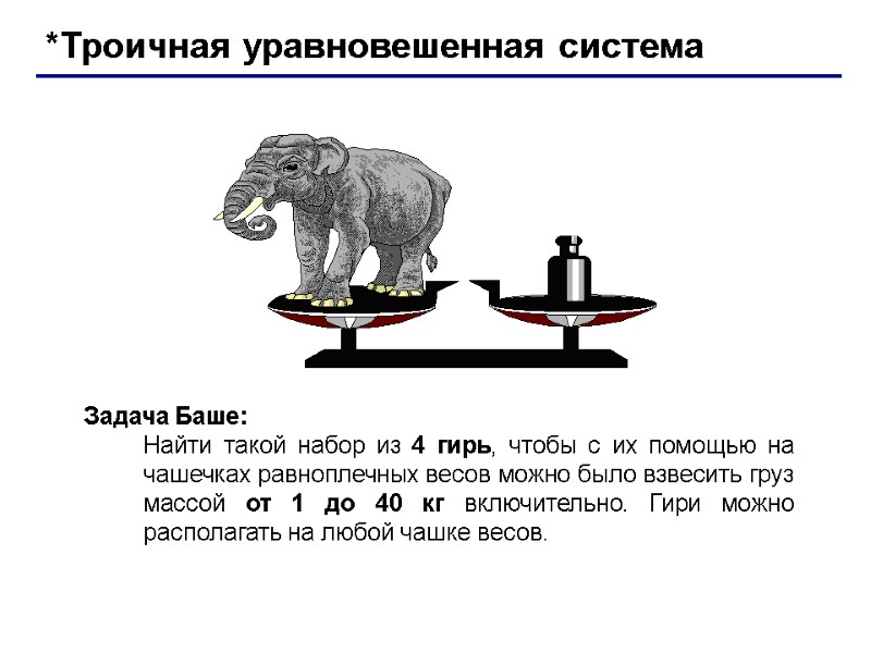 *Троичная уравновешенная система Задача Баше: Найти такой набор из 4 гирь, чтобы с их